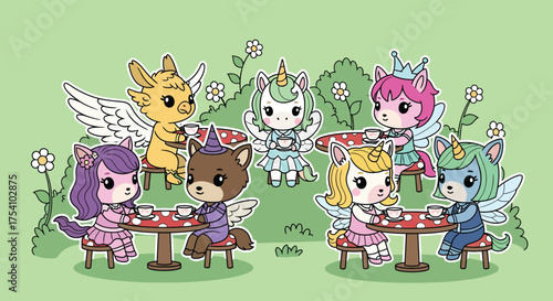 Cute cartoon animal fairies having a tea party in a whimsical garden, enjoying friendship and magical moments together in a lighthearted scene.