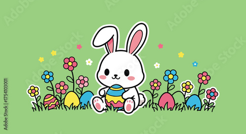 Cute easter bunny holding decorated egg sitting in grassy field surrounded by colorful flowers and easter eggs, celebrating spring holiday.
