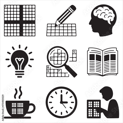 crossword puzzle day vector art icon pack silhoette icon set bandle banner 9 sampol disign black and white backgrount icons pack