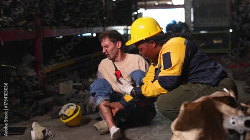 Accident worker injury, man down at work place, young technician staff worker need medical emergency team support