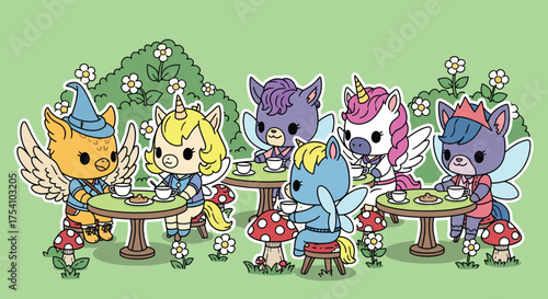 Cute cartoon unicorns and griffins having a tea party in a whimsical garden with flowers and mushrooms, creating a playful and magical scene.