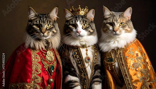 Three regal cats in ornate robes, crowned, against a dark backdrop