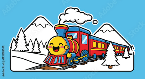 Cheerful cartoon train chugging along snowy tracks through winter wonderland with smiling face and festive colors, spreading joy and holiday cheer.