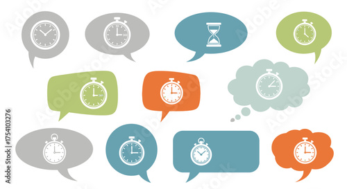 Diverse clocks and timers communication bubbles against a clean white backdrop concept