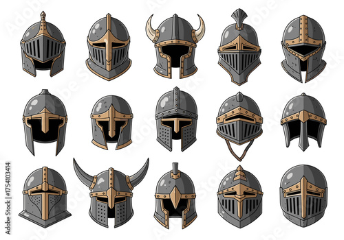 Collection of medieval knight helmets and warrior headgear for protection and battle.