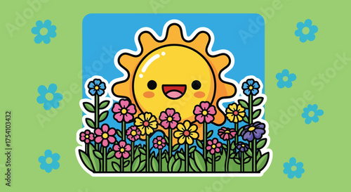 Smiling sun shining brightly among colorful flowers in a lush garden, creating a cheerful and vibrant springtime scene.
