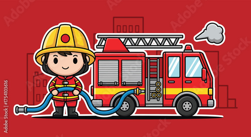 Cute firefighter holding hose next to fire truck in city, ready to extinguish flames and save lives, showcasing bravery and community service.