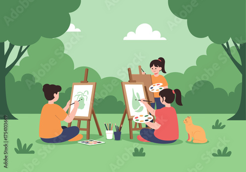 Children enjoying painting outdoors in a lush green park surrounded by trees and fluffy clouds.