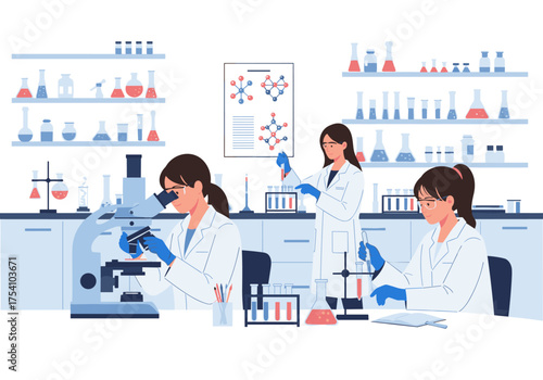 Scientists working together in a modern laboratory conducting experiments with advanced equipment and research materials.