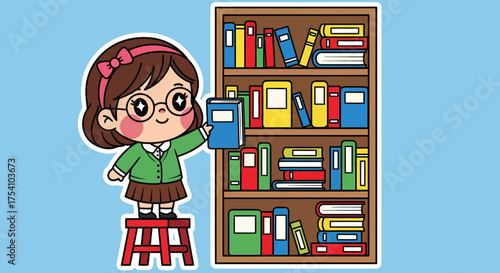 Girl standing on stool reaching for book on bookshelf in cozy library with warm lighting and a sense of discovery and learning.