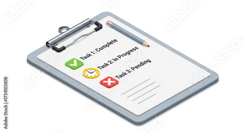 Isometric clipboard with task list showing complete, in progress, and pending tasks pencil on top of the clipboard