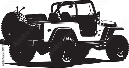 Off-road vehicle in black and white silhouette, rugged adventure icon for outdoor travel, terrain, and exploration themes