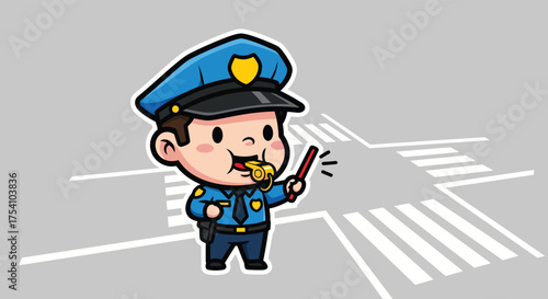 Cartoon policeman blowing whistle at crosswalk directing traffic with a friendly expression in a lighthearted scene.