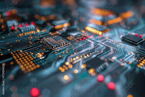 Abstract technology background with colorful circuit board lines and intricate patterns showcasing digital innovation and technological advancement