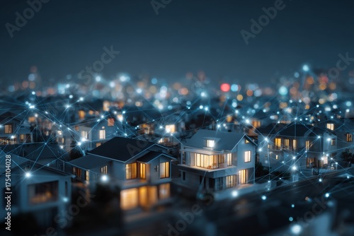 Digital Network of Houses Representing Smart Home Technology and Connectivity in Urban Landscape at Night
