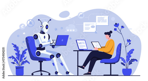 Human and Robot Working Together on Laptop, Collaboration and Teamwork Concept
