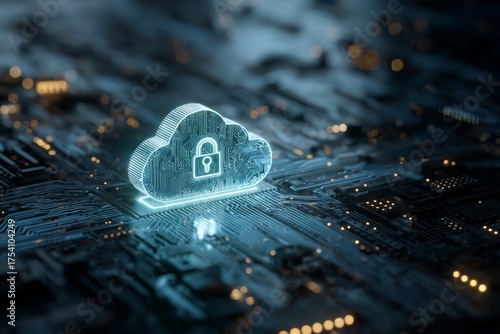 Digital Cloud with Lock Symbol Representing Cybersecurity and Data Protection on Futuristic Circuit Board Background