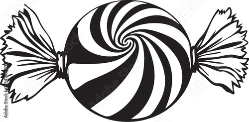 Wrapped candy with swirling center in black and white, stylized sweet icon for packaging, confectionery, and design themes
