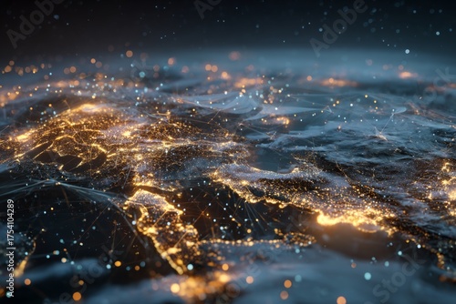Digital Network Connections Over Earth at Night Highlighting Geographic Regions and Urban Areas with Lights and Stars in Background