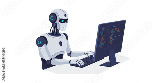 Robot Programmer Working on Code Artificial Intelligence and Automation Concept