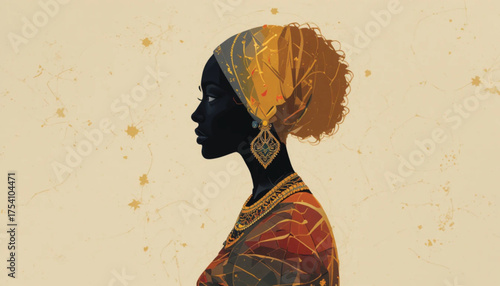 Abstract African woman silhouette with tribal jewelry, gradient colors, elegant line art, decorative fashion concept Ai generate 