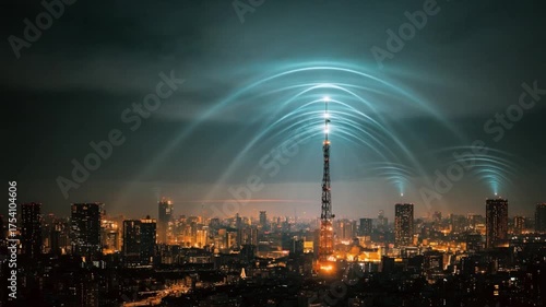 Wallpaper Mural Illuminated Cityscape with Signal Transmission: A futuristic image showcasing a towering structure, the nexus of the city's digital network. Torontodigital.ca