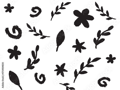 black abstract hand strokes for patterns, backgrounds, abstract ornaments, abstract calligraphy with black brush on white background