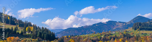 bright autumn in the mountains, trees of yellow and orange colors pano
