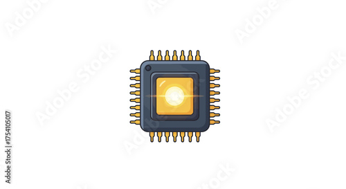 A close-up, stylized illustration of a central processing unit (CPU) microchip with a glowing center, representing technology and innovation