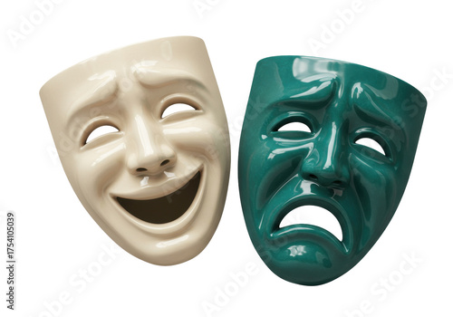 Comedy and tragedy masks isolated on white, theatrical symbol of drama and performance arts in PNG format