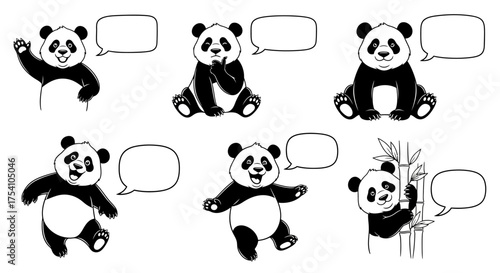 Playful panda characters in black and white with speech bubbles for custom messaging