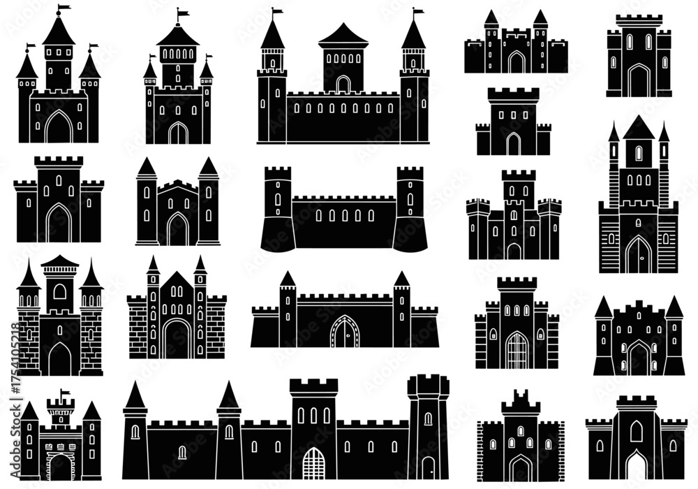 Fototapeta premium A collection of diverse castle silhouettes representing historical architecture and fantasy settings.