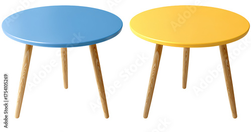  two round tables, one blue and the other yellow, with wooden legs on a transparent background in png file format