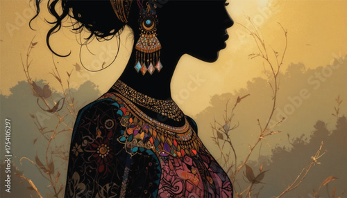 Abstract African woman silhouette with tribal jewelry, gradient colors, elegant line art, decorative fashion concept Ai generate 