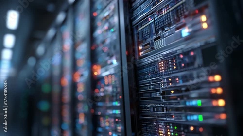 Cyber Fortress: Inside the heart of a server room, a display of digital might. Complex server hardware, illuminated with lights, represents the unseen infrastructure that underpins the digital age.