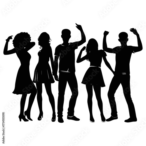 Silhouettes of friends dancing at a party, energetic poses, crisp vector shapes