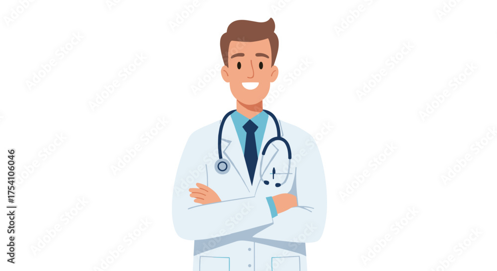 Fototapeta premium Smiling friendly cartoon male doctor illustration wearing lab coat and stethoscope, arms crossed, embodying professional healthcare and medical expertise with a welcoming demeanor