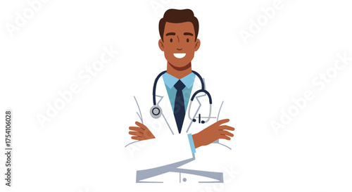 Confident and friendly African American male doctor with a stethoscope, standing with arms crossed in a white lab coat