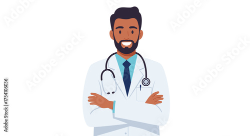 Friendly Black Doctor Portrait with Stethoscope and White Coat, Professional Medical Illustration