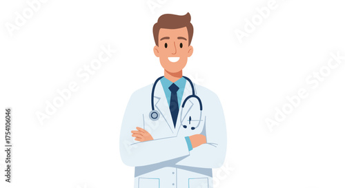 Smiling friendly cartoon male doctor illustration wearing lab coat and stethoscope, arms crossed, embodying professional healthcare and medical expertise with a welcoming demeanor