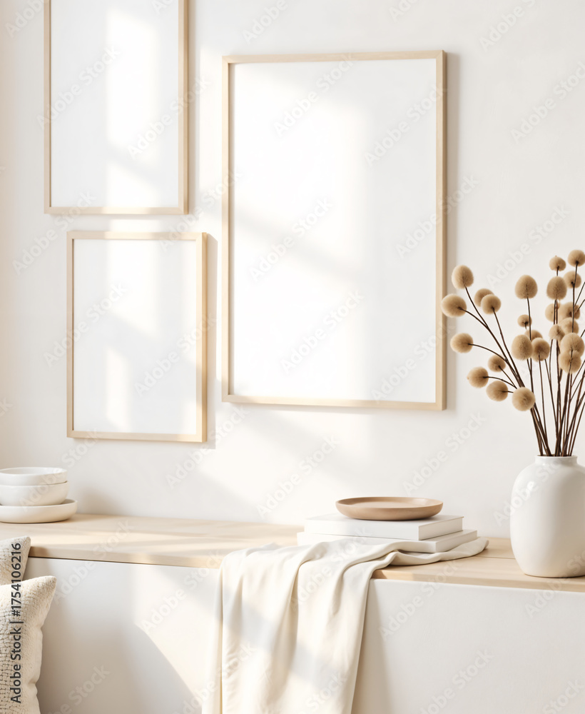 Fototapeta premium A minimalist scene featuring a sleek white vase filled with delicate dried grass, accompanied by a rustic empty picture frame, all elegantly arranged on a wooden table.