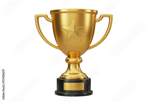 Golden trophy cup with star isolated PNG on transparent background, award prize for winner and champion in competition