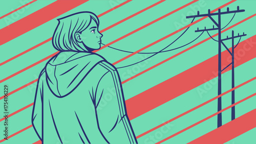 Illustration of a person looking at a telephone pole with a striped background, evoking feelings of contemplation and connection to the outside world
