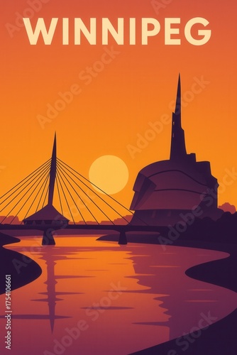 Sunset illustration of Winnipeg Manitoba featuring the Esplanade Riel bridge over the Red River with Canadian Museum for Human Rights in silhouette