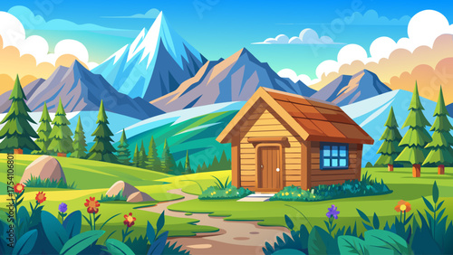 Flat minimal cartoon of a small wooden cabin in springtime valley with green grass, wildflowers, snow-capped mountains, and clear blue sky under bright morning sunlight.