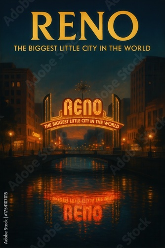 The glowing Reno sign spans across a bridge over the river as city lights and buildings reflect on the water in a moody twilight scene known for its vibrant nightlife