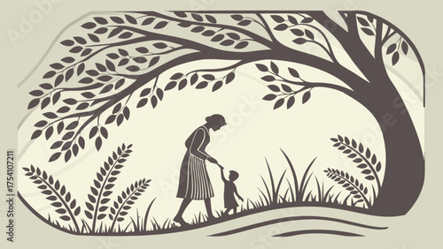 A heartwarming illustration of a mother and child walking under a tree, showcasing family bond and natures beauty