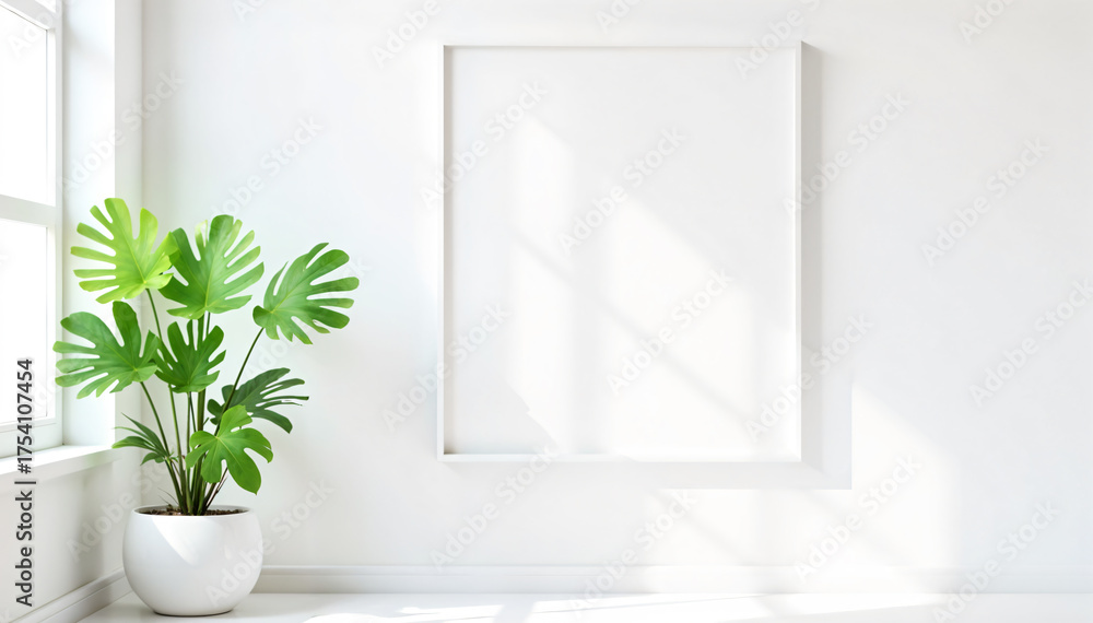 Fototapeta premium Modern interior with a blank framed picture on a white wall and a potted plant