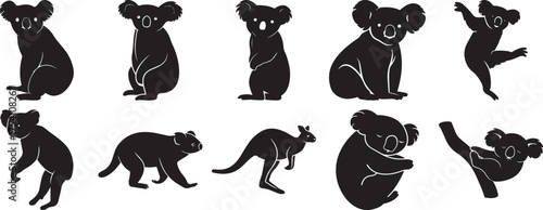 A group of Koala animal silhouette vector, black and white silhouette vector illustration