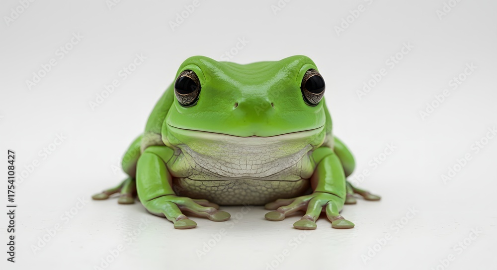 Naklejka premium A vibrant green frog sits on a clean white surface, staring directly at the viewer